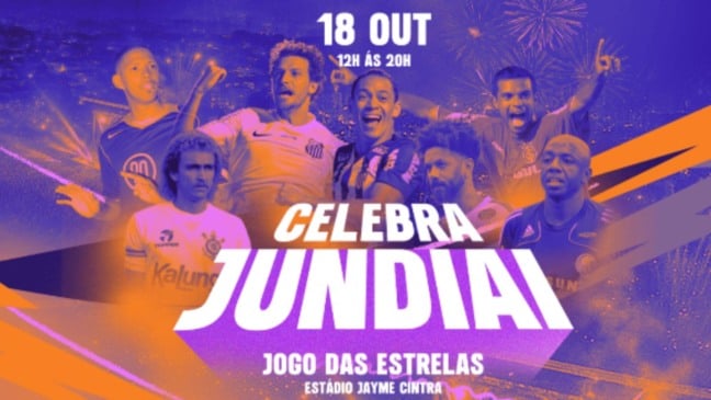 Banner do evento Celebra Jundiaí no Estádio Jayme Cintra com ex-jogadores de futebol e informações sobre data e horário.