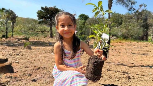 Menina sorri enquanto segura muda de árvore nativa no plantio do Dia da Árvore em Jundiaí.