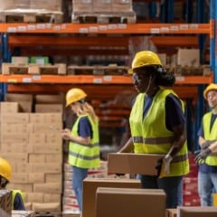 Trabalhadores de log&iacute;stica com coletes refletivos e capacetes movimentando caixas em um dep&oacute;sito industrial.