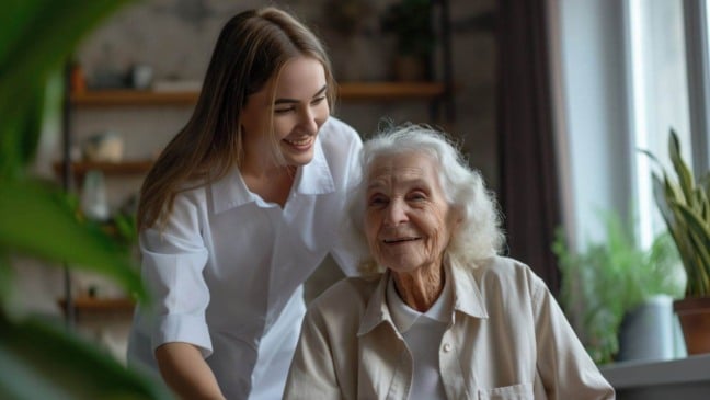 Jovem cuidadora sorridente ao lado de uma idosa, representando cursos gratuitos de Cuidador de Idoso em Jundiaí.