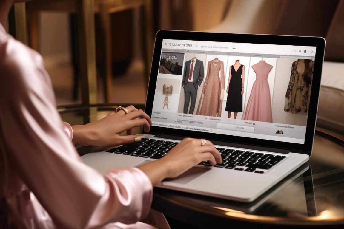 Mulher usando laptop para navegar em site de moda, visualizando opções de roupas e acessórios femininos em ambiente elegante. Mulher usando laptop para navegar em site de moda, visualizando opções de roupas e acessórios femininos em ambiente elegante.