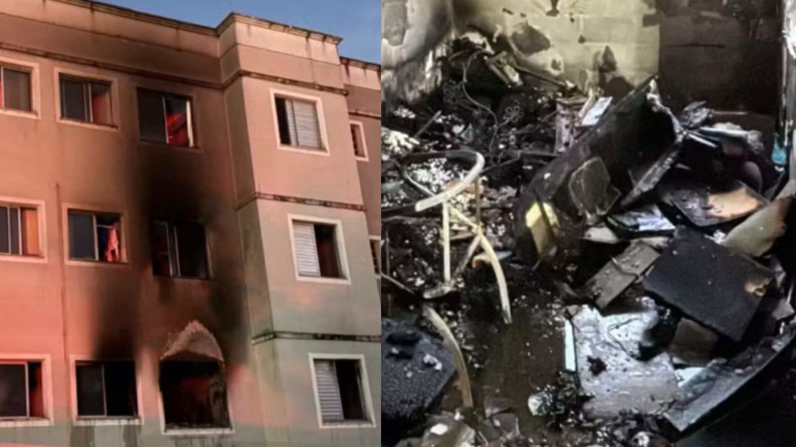 Fachada queimada e interior destruído após incêndio em apartamento em Jundiaí.