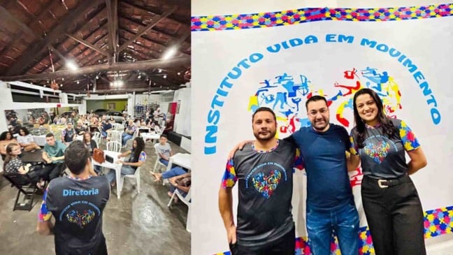 Público reunido na inauguração da sede do Instituto Vida em Movimento em Jundiaí; à direita, voluntários e representantes do instituto posam sorridentes em frente ao painel oficial da entidade.