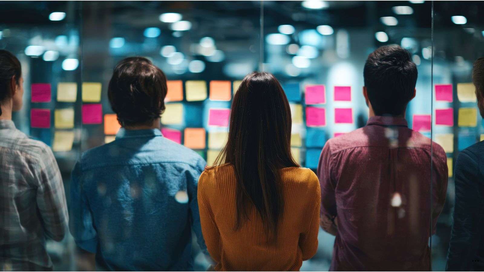 Jovens de costas analisam post-its em um quadro de vidro durante atividade de brainstorming.