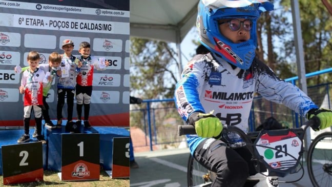 Pilotos mirins comemoram no pódio e atleta de Jundiaí com capacete azul se prepara para a largada na 6ª etapa do Campeonato Paulista de BMX em Poços de Caldas.