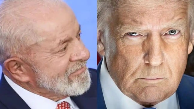 Lula e Donald Trump lado a lado em montagem; Lula aparece com semblante amistoso, enquanto Trump exibe expressão séria.