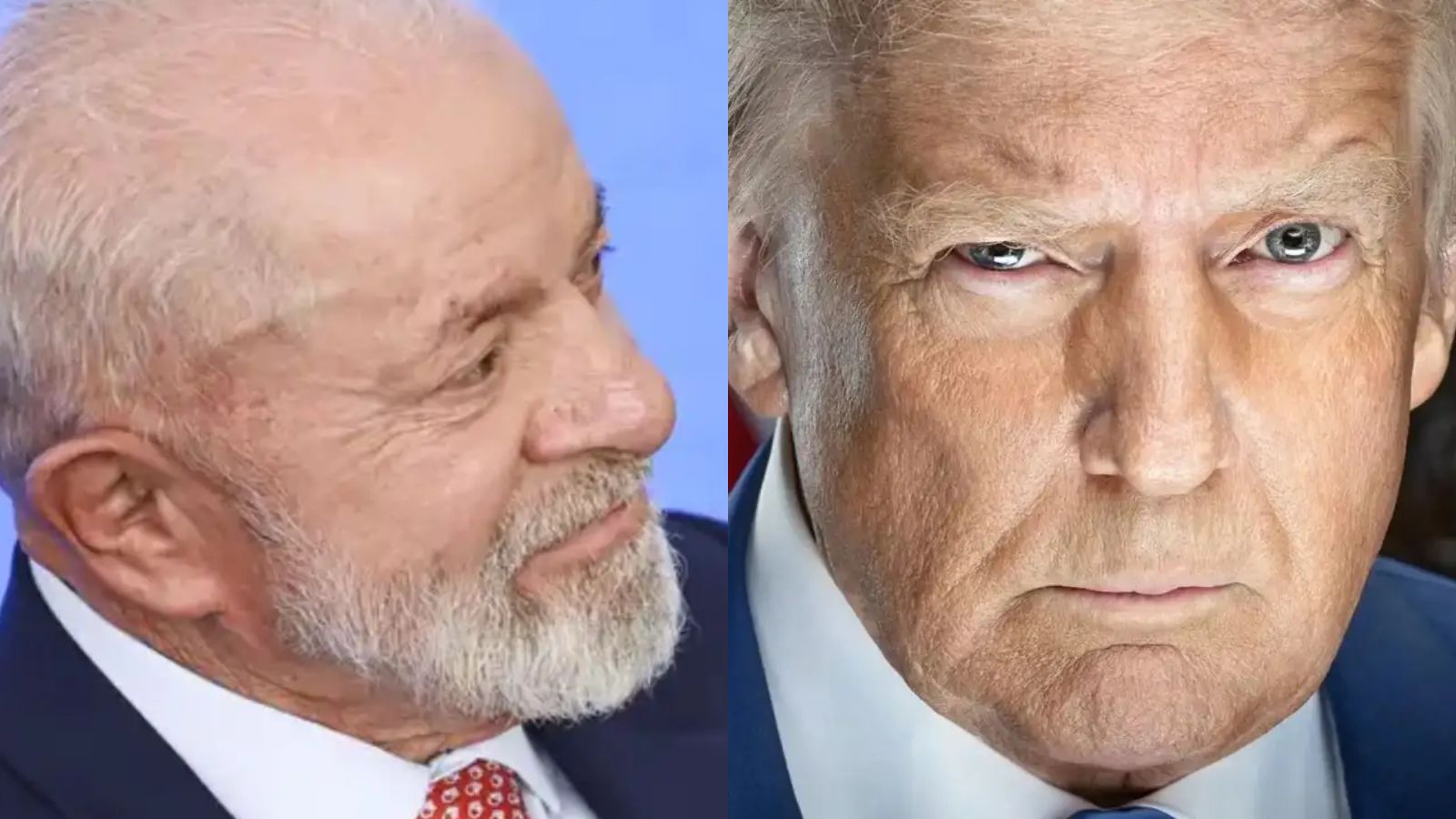 Lula e Donald Trump lado a lado em montagem; Lula aparece com semblante amistoso, enquanto Trump exibe expressão séria.