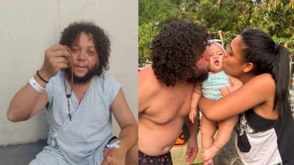 Mion, morador de Itupeva em tratamento contra câncer raro, segura um terço em hospital e aparece ao lado da esposa e da filha em foto de família. Mion, morador de Itupeva em tratamento contra câncer raro, segura um terço em hospital e aparece ao lado da esposa e da filha em foto de família.
