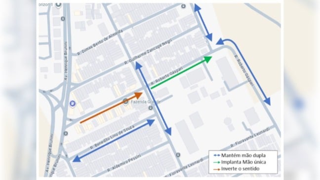 Mapa da Prefeitura de Jundiaí com as mudanças no trânsito da Rua Roberto Gáspari, indicando trechos com sentido invertido, mão única implantada e ruas que permanecem em mão dupla.