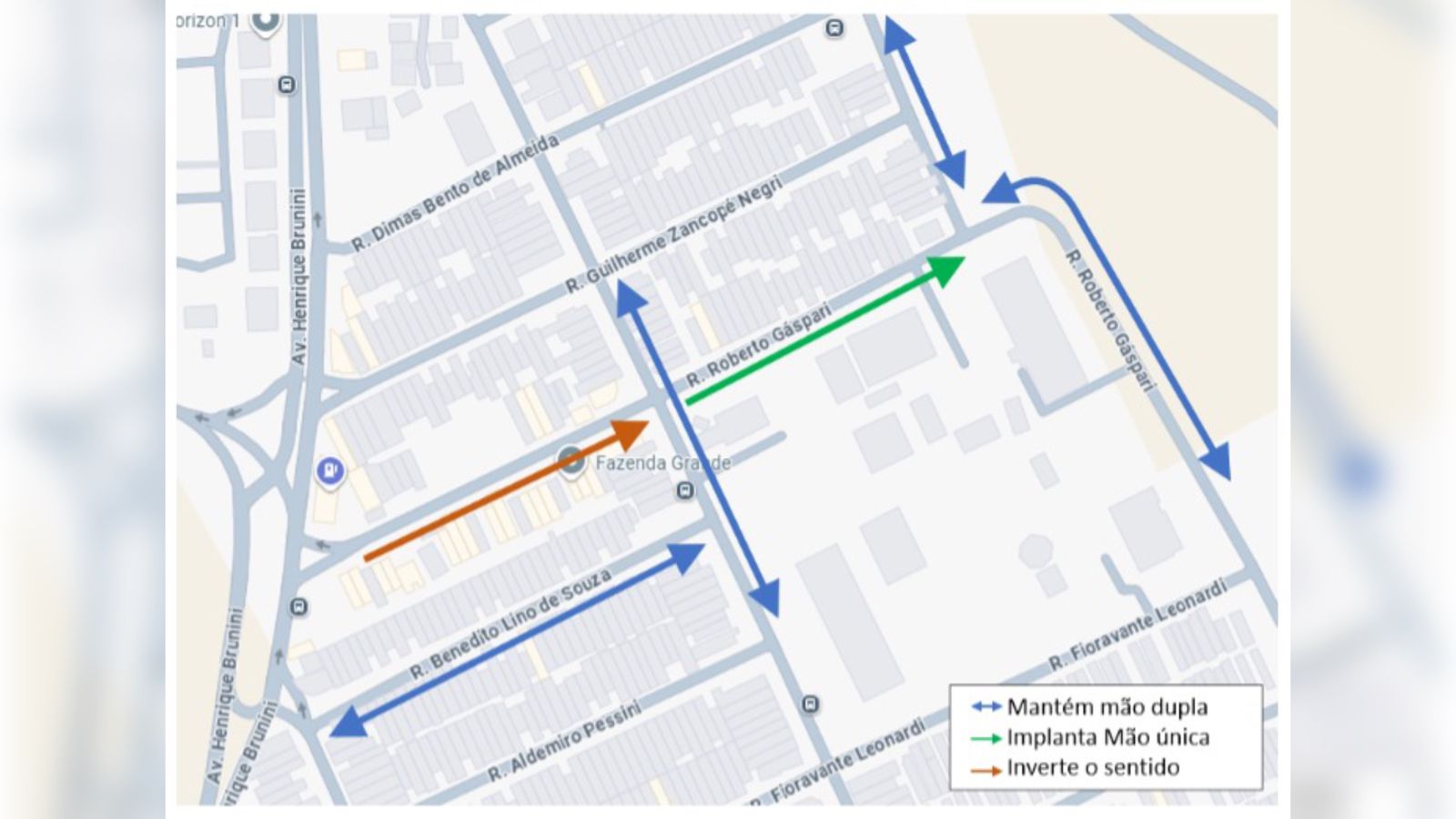 Mapa da Prefeitura de Jundiaí com as mudanças no trânsito da Rua Roberto Gáspari, indicando trechos com sentido invertido, mão única implantada e ruas que permanecem em mão dupla.