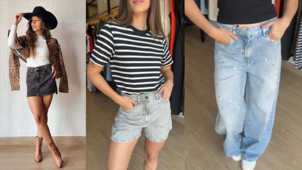 Modelos exibem looks jeans femininos — minissaia, shorts e calça jeans com pedrarias — que estarão à venda no Outlet Beneficente da APAE de Jundiaí.