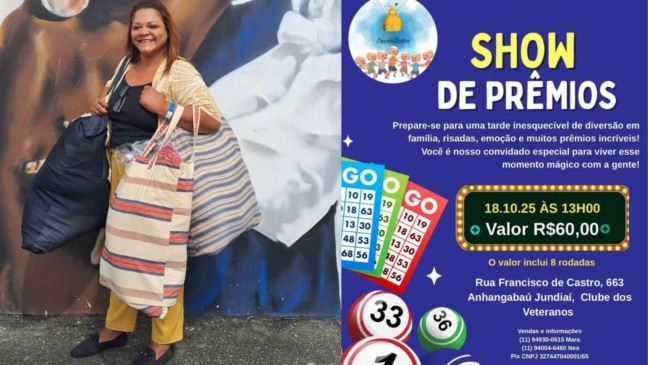 Mara Gisele segurando doações para o Show de prêmios Fios Encantados em Jundiaí.