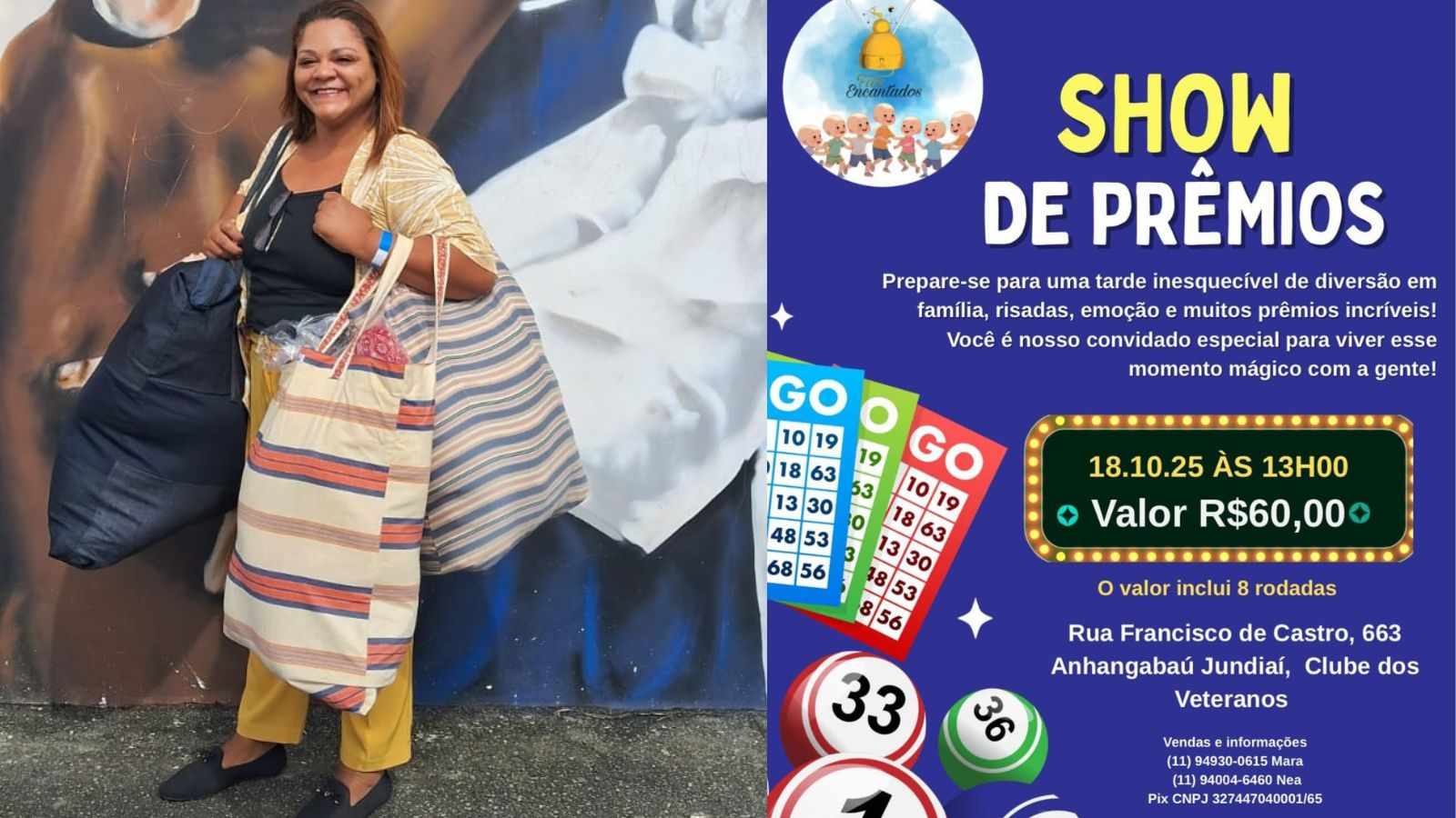 Mara Gisele segurando doações para o Show de prêmios Fios Encantados em Jundiaí.