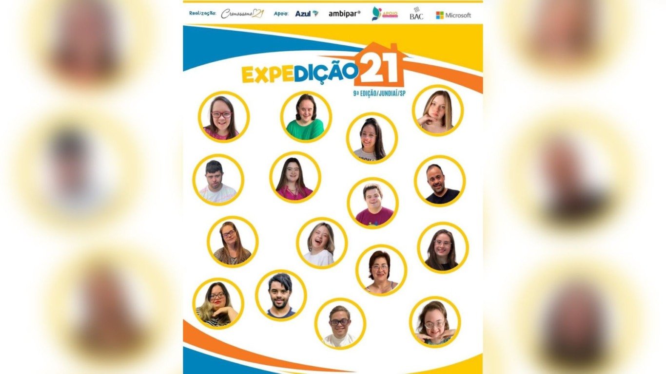 Imagem promocional da 9ª edição da Expedição 21 em Jundiaí, com fotos dos 17 participantes e logotipos dos parceiros do projeto, incluindo Microsoft, Azul e Instituto Cromossomo 21.