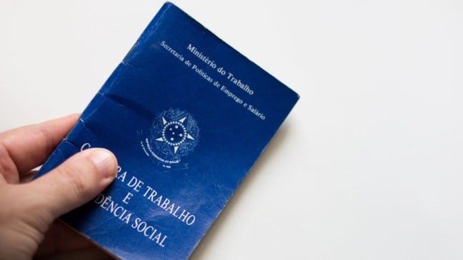 Mão segurando uma Carteira de Trabalho e Previdência Social azul, com o brasão do Brasil em destaque sobre fundo branco.