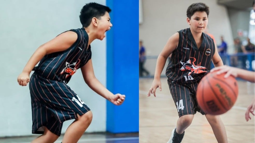 Segunda imagem: Duas cenas lado a lado — à esquerda, o atleta vibra com emoção após uma jogada; à direita, conduz a bola em jogo, focado na partida.