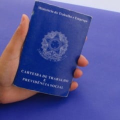 Mão segurando uma Carteira de Trabalho e Previdência Social azul sobre fundo roxo.