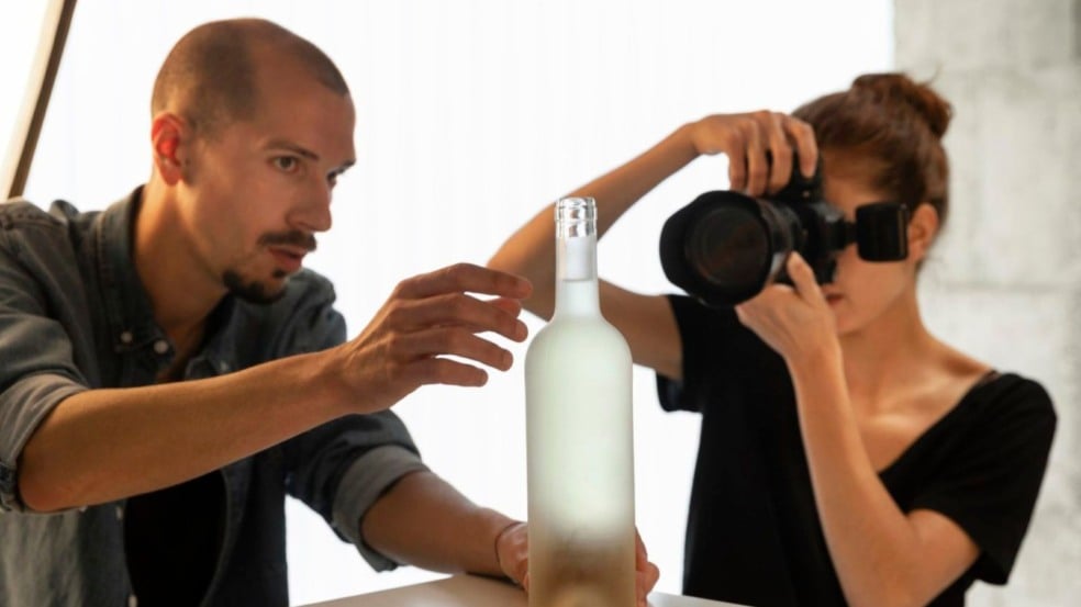 Pessoa ajustando uma garrafa enquanto outra fotografa o objeto com uma câmera profissional em estúdio.