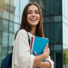 Jovem estudante sorridente segura cadernos e mochila em frente a prédio moderno de vidro.