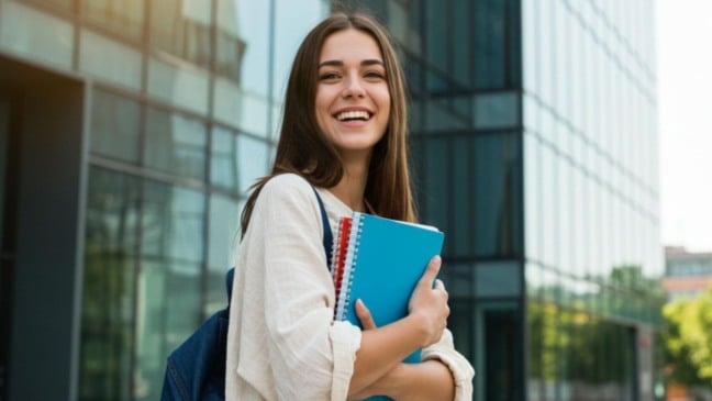 Jovem estudante sorridente segura cadernos e mochila em frente a prédio moderno de vidro.