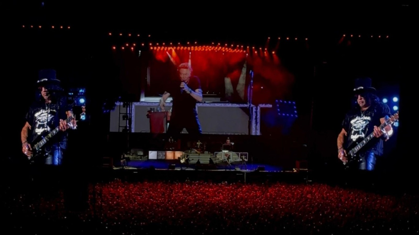 Palco do Guns N’ Roses visto de cima, com telão exibindo efeitos em azul e Slash nos telões laterais, diante de uma multidão no estádio.