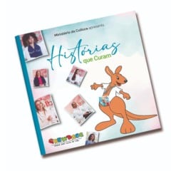 Capa do livro “Histórias que Curam”, com fundo em cores suaves, fotos de profissionais do Grendacc e ilustração de um canguru de jaleco ao lado do título.