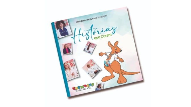 Capa do livro “Histórias que Curam”, com fundo em cores suaves, fotos de profissionais do Grendacc e ilustração de um canguru de jaleco ao lado do título.