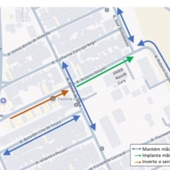 Mapa mostra mudanças de sentido na Rua Roberto Gáspari, no bairro Fazenda Grande, em Jundiaí, com destaque para o novo fluxo viário implantado pela Prefeitura e a localização da escola EMEB Professor Nassib Cury.