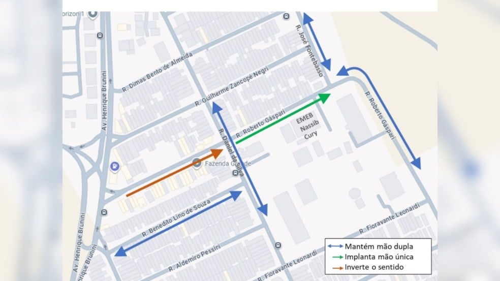 Mapa mostra mudanças de sentido na Rua Roberto Gáspari, no bairro Fazenda Grande, em Jundiaí, com destaque para o novo fluxo viário implantado pela Prefeitura e a localização da escola EMEB Professor Nassib Cury. Mapa mostra mudanças de sentido na Rua Roberto Gáspari, no bairro Fazenda Grande, em Jundiaí, com destaque para o novo fluxo viário implantado pela Prefeitura e a localização da escola EMEB Professor Nassib Cury.