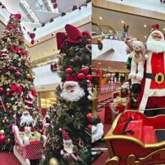 Decoração de Natal do Maxi Shopping Jundiaí com grande árvore iluminada, Papai Noel em tamanho real e trenós vermelhos decorados com presentes e ursos de pelúcia.