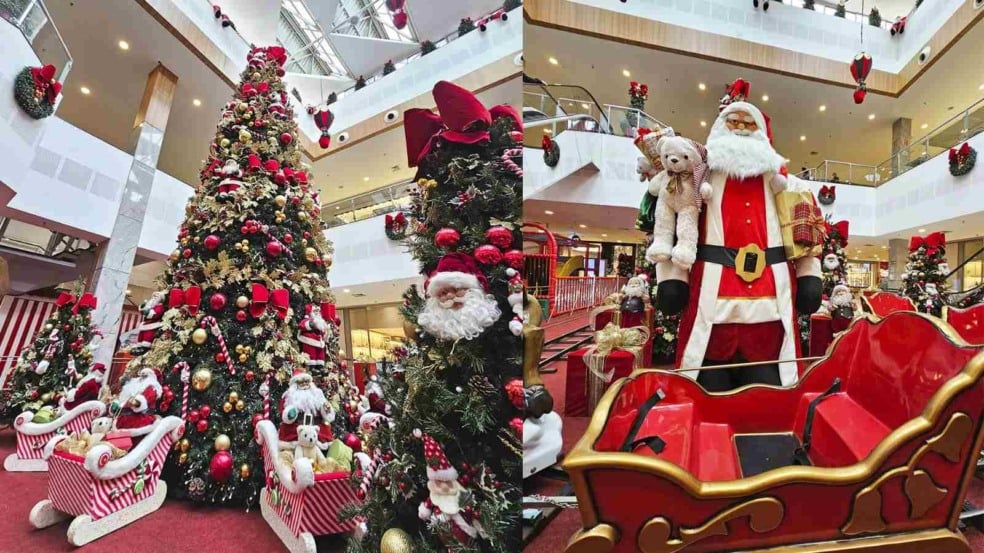 Decoração de Natal do Maxi Shopping Jundiaí com grande árvore iluminada, Papai Noel em tamanho real e trenós vermelhos decorados com presentes e ursos de pelúcia. Decoração de Natal do Maxi Shopping Jundiaí com grande árvore iluminada, Papai Noel em tamanho real e trenós vermelhos decorados com presentes e ursos de pelúcia.