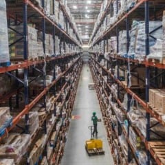 Centro de distribuição com grandes prateleiras cheias de mercadorias e funcionário operando paleteira no corredor.