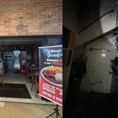 Interior do restaurante Divino 46 e área da cozinha com danos após incêndio no Shopping Paineiras, em Jundiaí.