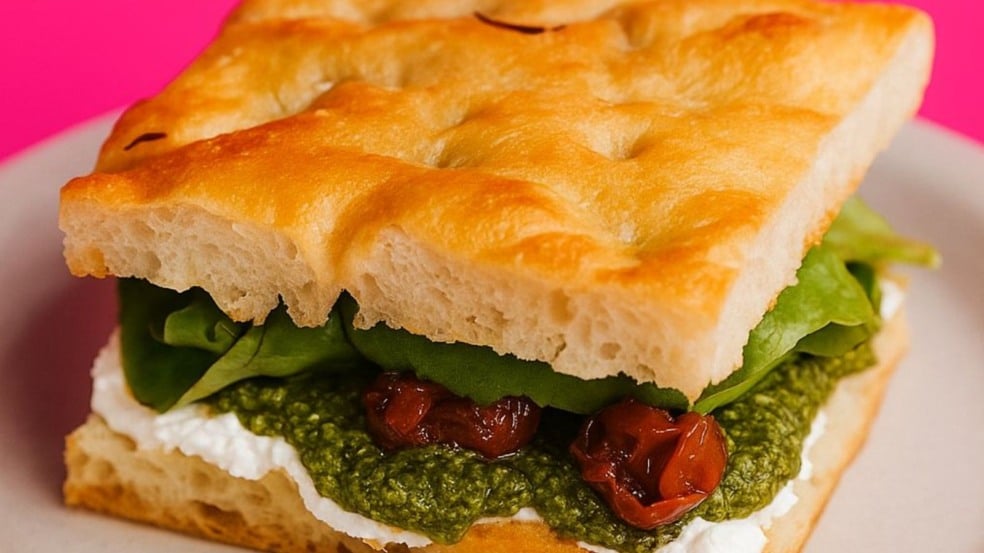 Sanduíche vegano em pão artesanal com recheio vegetal e folhas verdes.