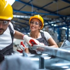 Homem e mulher usando capacetes e equipamentos de seguran&ccedil;a trabalham juntos na montagem de pe&ccedil;as met&aacute;licas em uma f&aacute;brica.