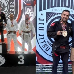 Atleta David Nascimento no topo do pódio do Mundial de Jiu-Jitsu com medalha de ouro, e ao lado em outra foto posando sorridente com seu mestre segurando a faixa-preta.
