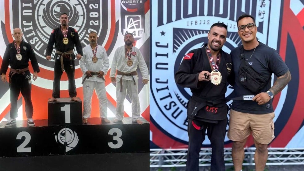 Atleta David Nascimento no topo do pódio do Mundial de Jiu-Jitsu com medalha de ouro, e ao lado em outra foto posando sorridente com seu mestre segurando a faixa-preta. Atleta David Nascimento no topo do pódio do Mundial de Jiu-Jitsu com medalha de ouro, e ao lado em outra foto posando sorridente com seu mestre segurando a faixa-preta.