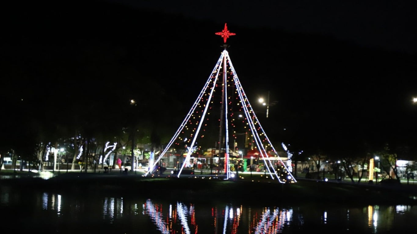 Árvore de Natal iluminada refletida no lago do Parque da Cidade à noite, com luzes coloridas e decoração natalina ao redor. Árvore de Natal iluminada refletida no lago do Parque da Cidade à noite, com luzes coloridas e decoração natalina ao redor.