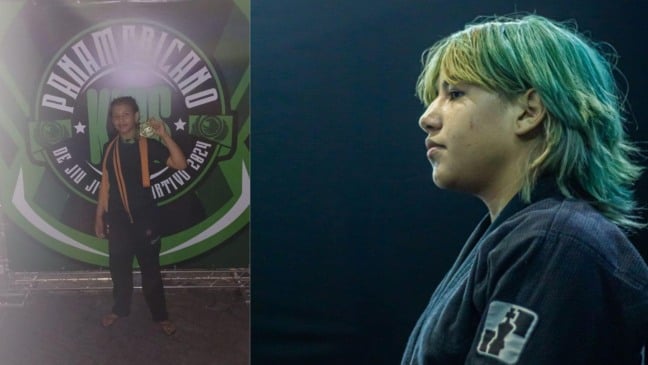Atleta mirim Luma Maria segura medalha de ouro em frente ao painel do Pan-Americano de Jiu-Jitsu. Luma Maria concentrada, de quimono, antes de competir em campeonato de Jiu-Jitsu.