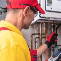 Técnico realizando manutenção em equipamento de instalação predial, usando ferramentas e equipamentos de proteção.