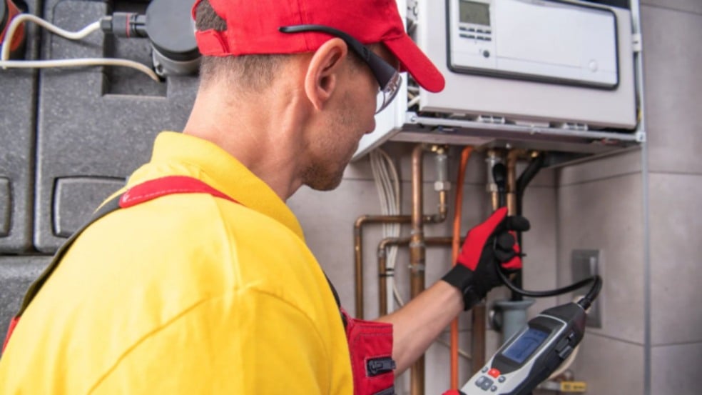 Técnico realizando manutenção em equipamento de instalação predial, usando ferramentas e equipamentos de proteção.