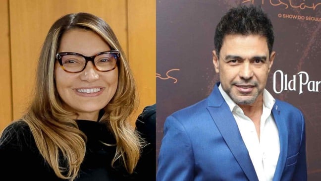 Mulher de óculos sorrindo e homem de terno azul posando para foto, em imagem dividida lado a lado.