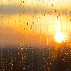 Gotas de chuva escorrem por um vidro com o sol alaranjado se pondo ao fundo, criando um efeito de luz dourada em um fim de tarde chuvoso.