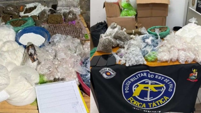 Apreensão policial mostra maconha, cocaína, embalagens, balança, celulares e materiais usados para preparo e distribuição de drogas em operação da Polícia Militar.