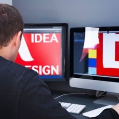 Homem usando caneta digital enquanto edita projetos de design gráfico em dois monitores, em um ambiente de trabalho moderno.