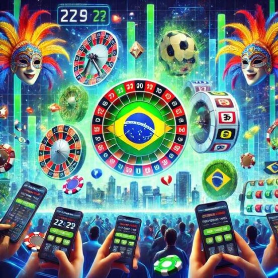 Ilustração digital colorida mostra roletas de cassino, números de apostas, celulares com aplicativos de jogo, máscaras de carnaval e a bandeira do Brasil, simbolizando apostas online e jogos de azar no país.