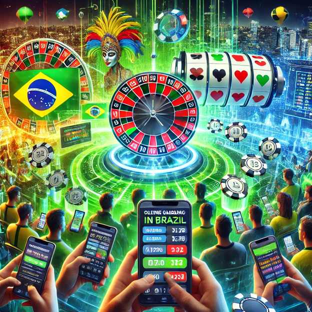 Ilustra&ccedil;&atilde;o digital mostra roletas de cassino, ca&ccedil;a-n&iacute;queis, fichas e pessoas usando celulares com aplicativos de apostas, tendo a bandeira do Brasil e uma cidade ao fundo, simbolizando o crescimento das apostas online no pa&iacute;s.