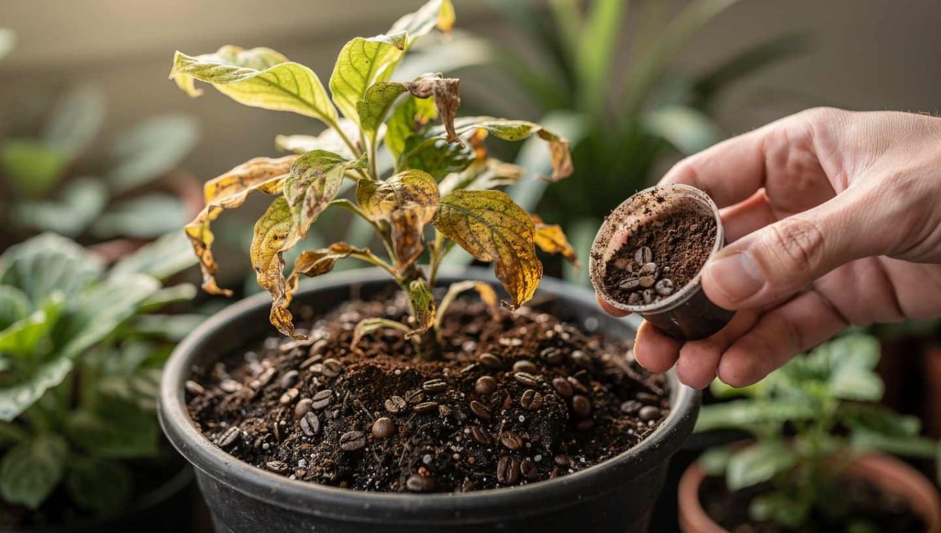 Planta em vaso com folhas amareladas e murchas enquanto uma mão adiciona borra de café diretamente sobre a terra, mostrando uso incorreto no jardim. Planta em vaso com folhas amareladas e murchas enquanto uma mão adiciona borra de café diretamente sobre a terra, mostrando uso incorreto no jardim.