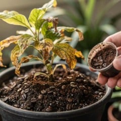 Planta em vaso com folhas amareladas e murchas enquanto uma m&atilde;o adiciona borra de caf&eacute; diretamente sobre a terra, mostrando uso incorreto no jardim.