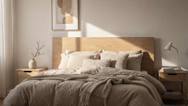 Cabeceira de cama em madeira clara estilo DIY, com cama de casal, roupas de cama neutras e iluminação natural suave em quarto aconchegante.